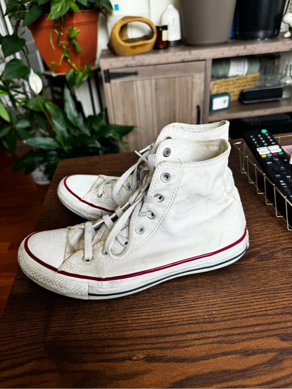 Converse White High-Top Sneakers with Red Trim